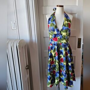 Lindy, Bob fig print halterdress UK16 New Without Tags Never Worn
